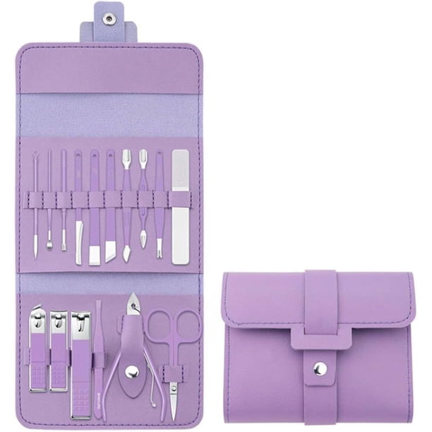 Juego de manicura y pedicura de 16/12 piezas, cortaúñas de acero inoxidable, kit de cuidado profesional, herramientas portátiles para el cuidado de las uñas con lujoso estuche de viaje (morado, A-16 p