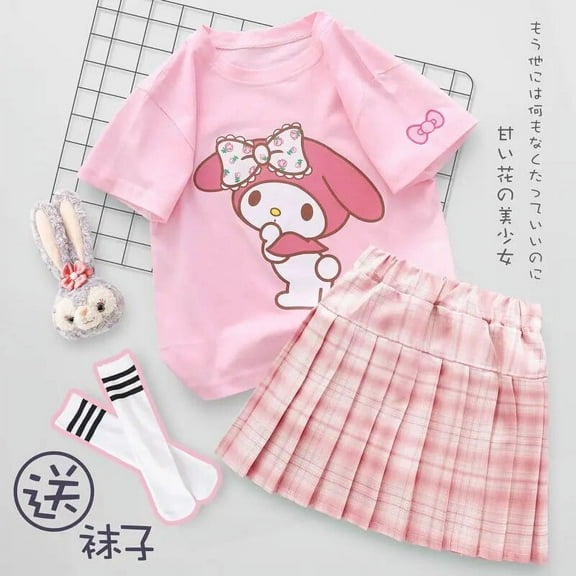 Kawaii Sanrio My Melody Kuromi Pleated Skirt Set Fashion Dress Suit Short Sleeve Clothes Gift