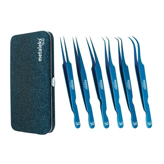 6PCS - Complete Blue Titanium Coated Eyelash Extension Tweezers Set In Blue Glitter Magnetic Kit - Made of Japanese Stainless Steel
