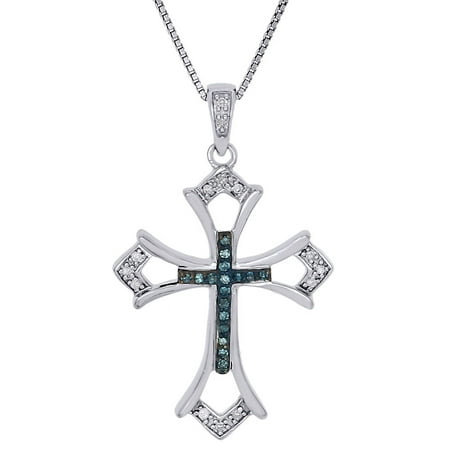 925 Sterling Silver Blue Diamond Cut Out Budded Cross Pendant w/ Chain 0.10 Ct