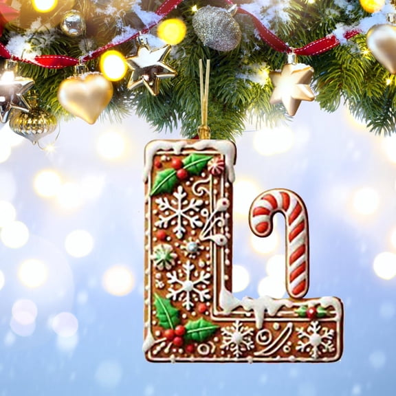 Personalized Christmas Letter L Ornament, DIY Gingerbread Acrylic Alphabet Decoration with Holly and Candy Cane, Hanging Tree Gift Tag for Party