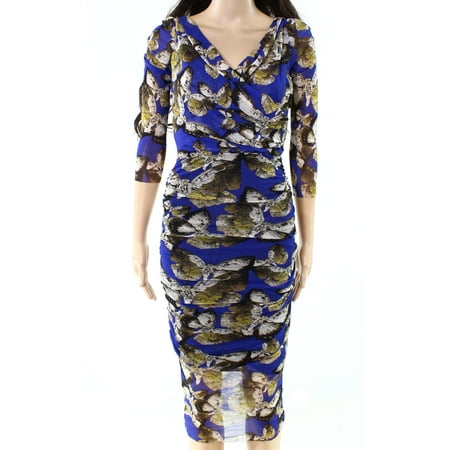 Print Surplice Dress - Fuzzi NEW Blue Butterfly Print Sheer Ruched Surplice XL Bandage Dress