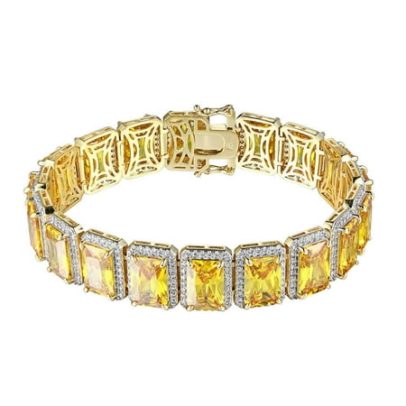 Canary Yellow (Real Genuine Sterling Silver 14K Yellow Gold Finish Canary Citrine Topaz Simulated Diamonds Unisex Bracelet 12mm/7.5)