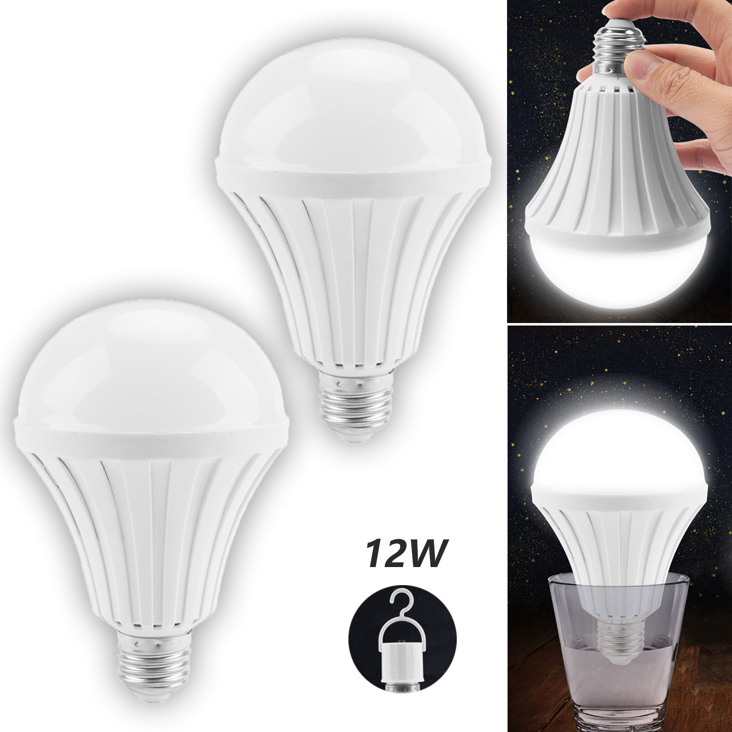 Rtmgob Emergency Led Light Bulbs with Hook, 2 Pack 12W Backup Bulbs