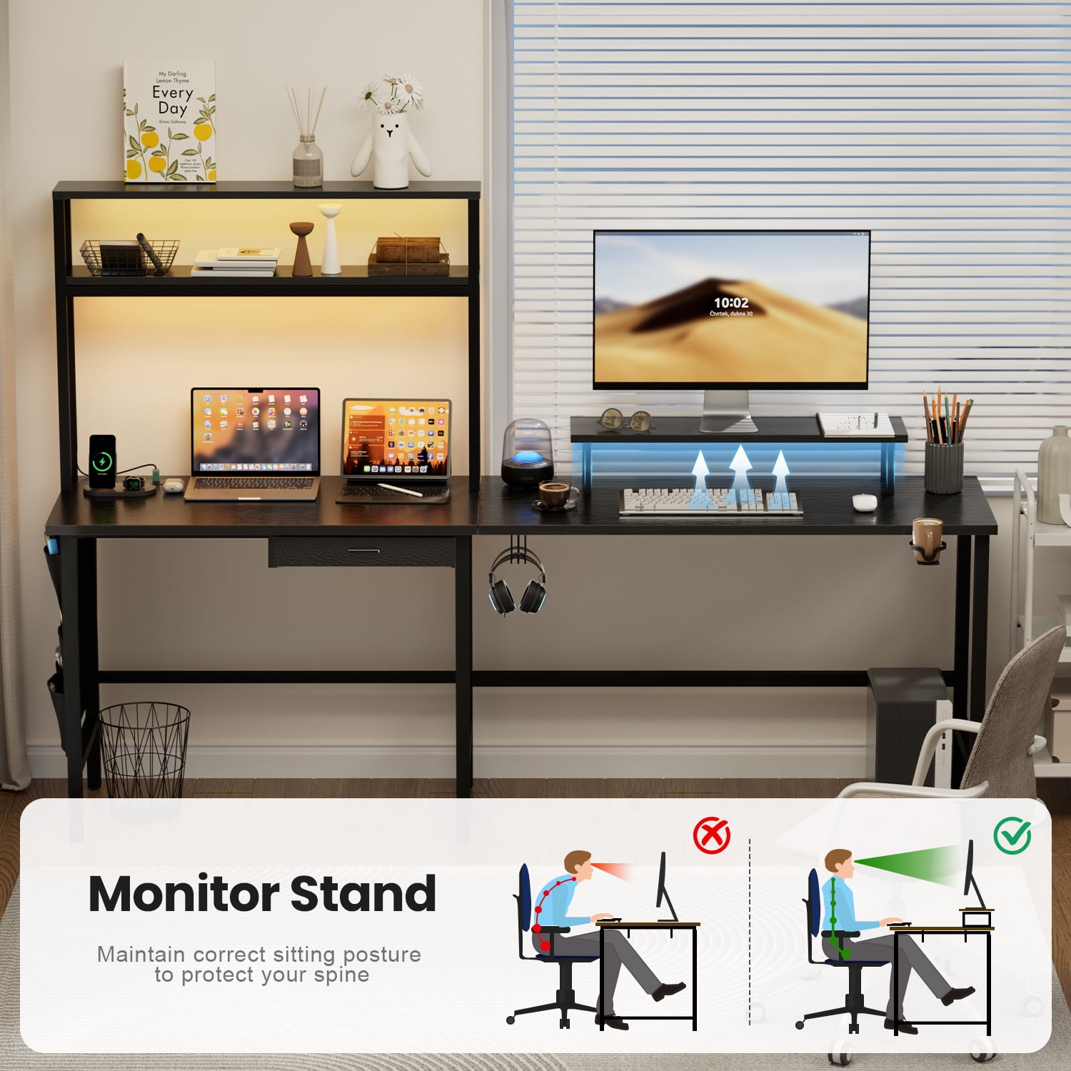 HLDIRECT L Shaped Gaming Desk with LED Light & Power Outlet, 67 inch Reversible Corner Computer Desk with Storage Shelves & Drawer & Bag, Game Table with Hutch Monitor Stand, Black