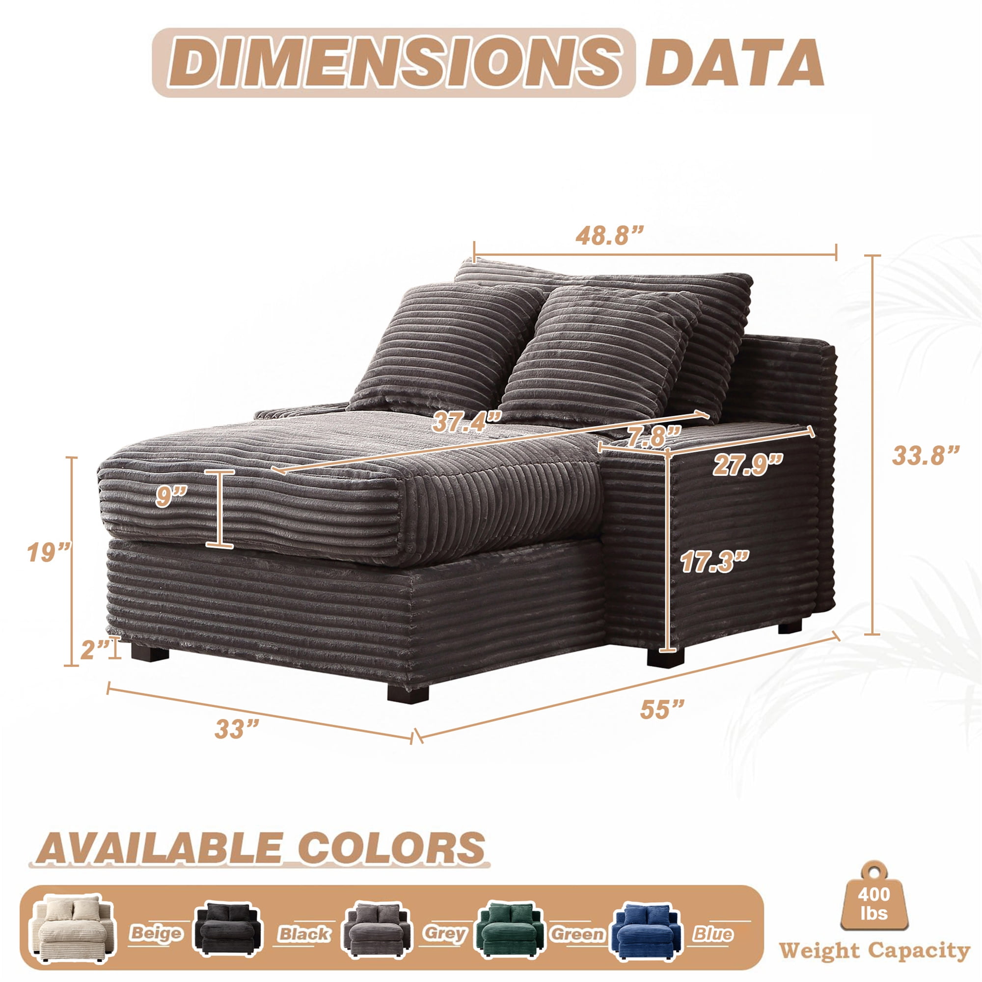 Aukfa 55 Inch Chaise Lounge Indoor, Oversized Corduroy Cloud Sofas Couches for Living Room, Gray