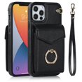 thumbnail image 1 of Elegante funda multifuncional tipo cartera para iPhone 12 con correas, ranura para tarjetas, soporte para anillo, protección para cámara, material de PU, diseño a prueba de golpes y antirrobo., 1 of 5