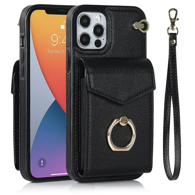 Elegante funda multifuncional tipo cartera para iPhone 12 con correas, ranura para tarjetas, soporte para anillo, protección para cámara, material de PU, diseño a prueba de golpes y antirrobo.