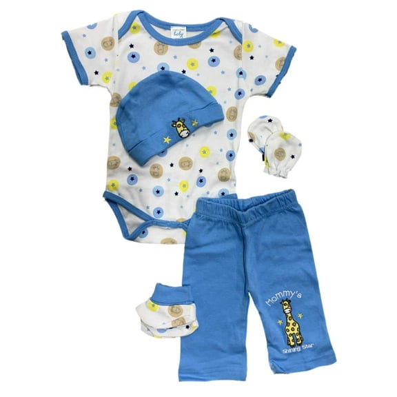Infant Boys 5PC Set Giraffe & Stars Blue & Yellow Bodysuit Outfit 0-3M
