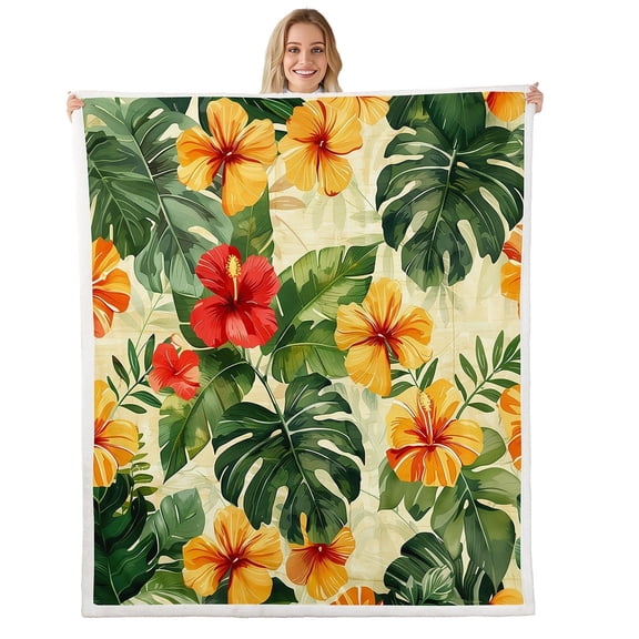 Erosebridal Vintage Leaf Print Sherpa Blanket, Green Leaf Fuzzy Blanket Throw, Tropical Plants Decor, 50x60