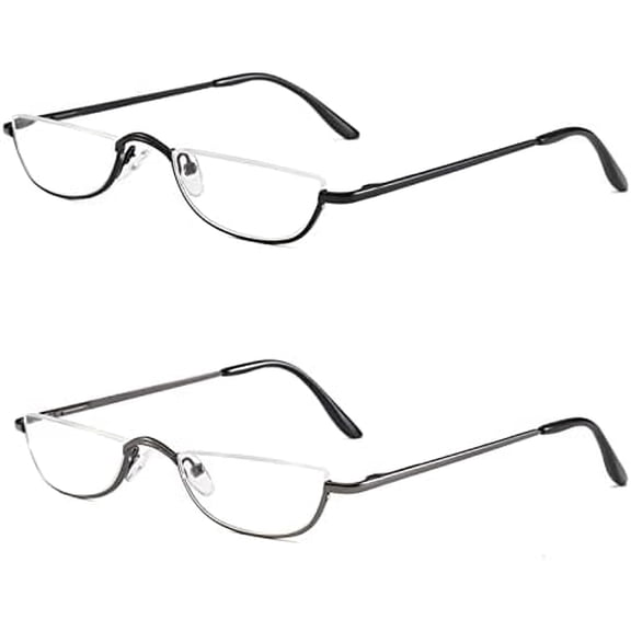 Half Reading Glasses - 2 Pairs Half Rim Metal Frame Glasses Spring Hinge Readers for Men and Women, Black Gunmetal 1.00