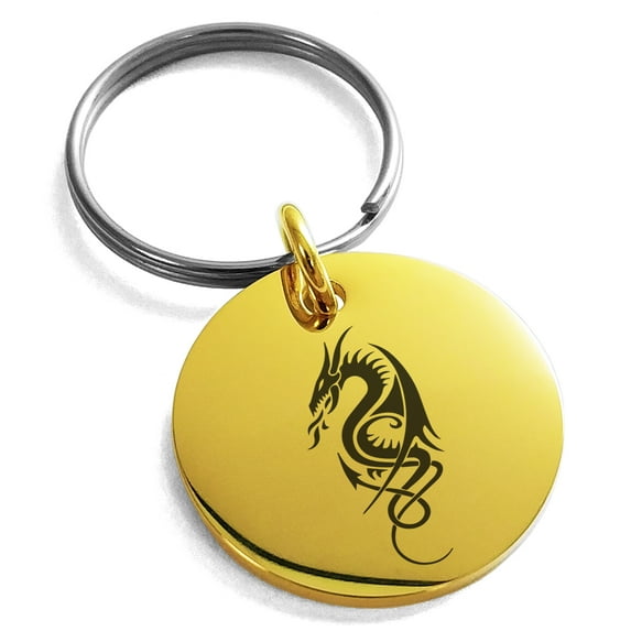 Stainless Steel Horned Dragon Engraved Small Medallion Circle Charm Keychain Keyring
