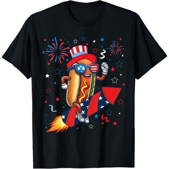 Hotdog 4th Of July Patriotic Rocket and Fireworks USA Flag T-Shirt Tee