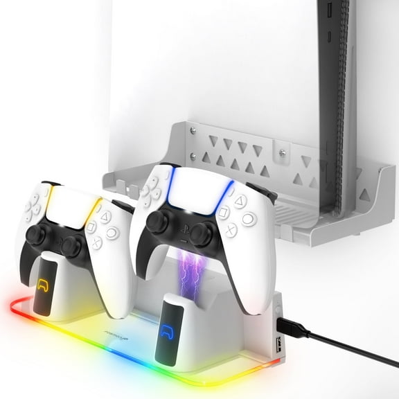 Fosmon PS5 Wall Mount Kit with Charging Station, Solid Metal with Strong Anchors, Detachable Dual Controller Chargers with RGB LED Light for PlayStation 5 and PS5 Slim (Disc & Digital Edition), White