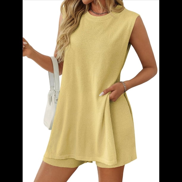Conjunto de Dos Piezas de Suéter y Pantalones Cortos A Juego para Mujer, Ropa de Verano para Viajes y Vacaciones, Sin Mangas, de Punto. Amarillo S