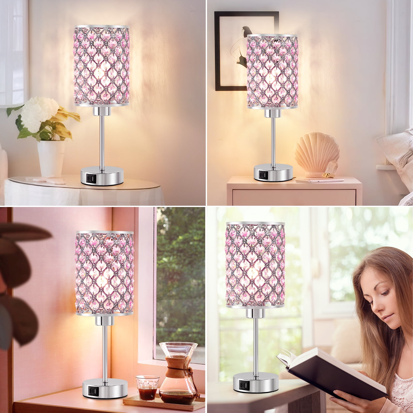 NATYSWAN Touch Crystal Table Lamp, 3-Way Dimmable Nightstand Lamp with USB Ports,Modern Bedside Lamp for Bedroom, Living Room,Pink