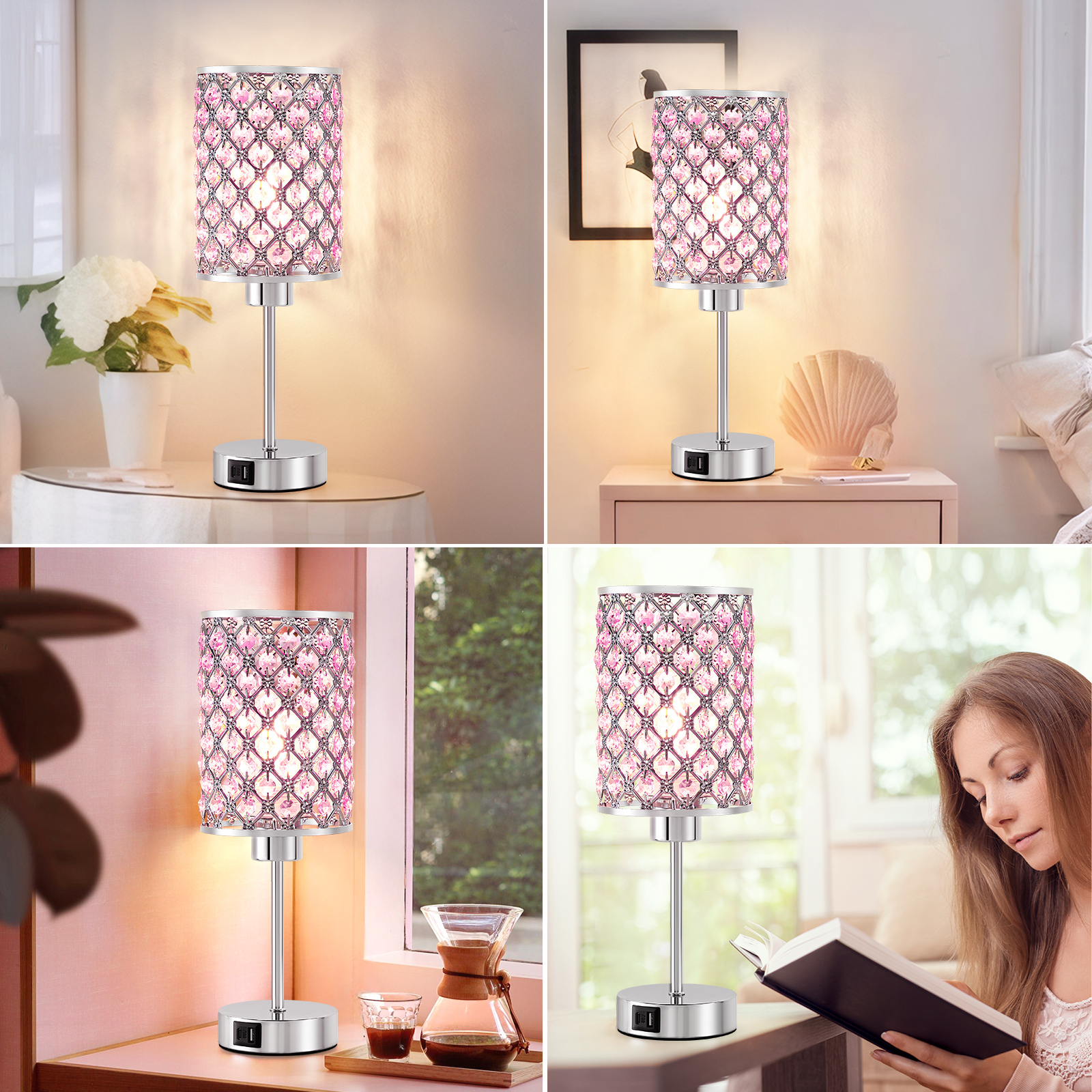 Natyswan Touch Crystal Table Lamp, Pink with USB Ports photo 4