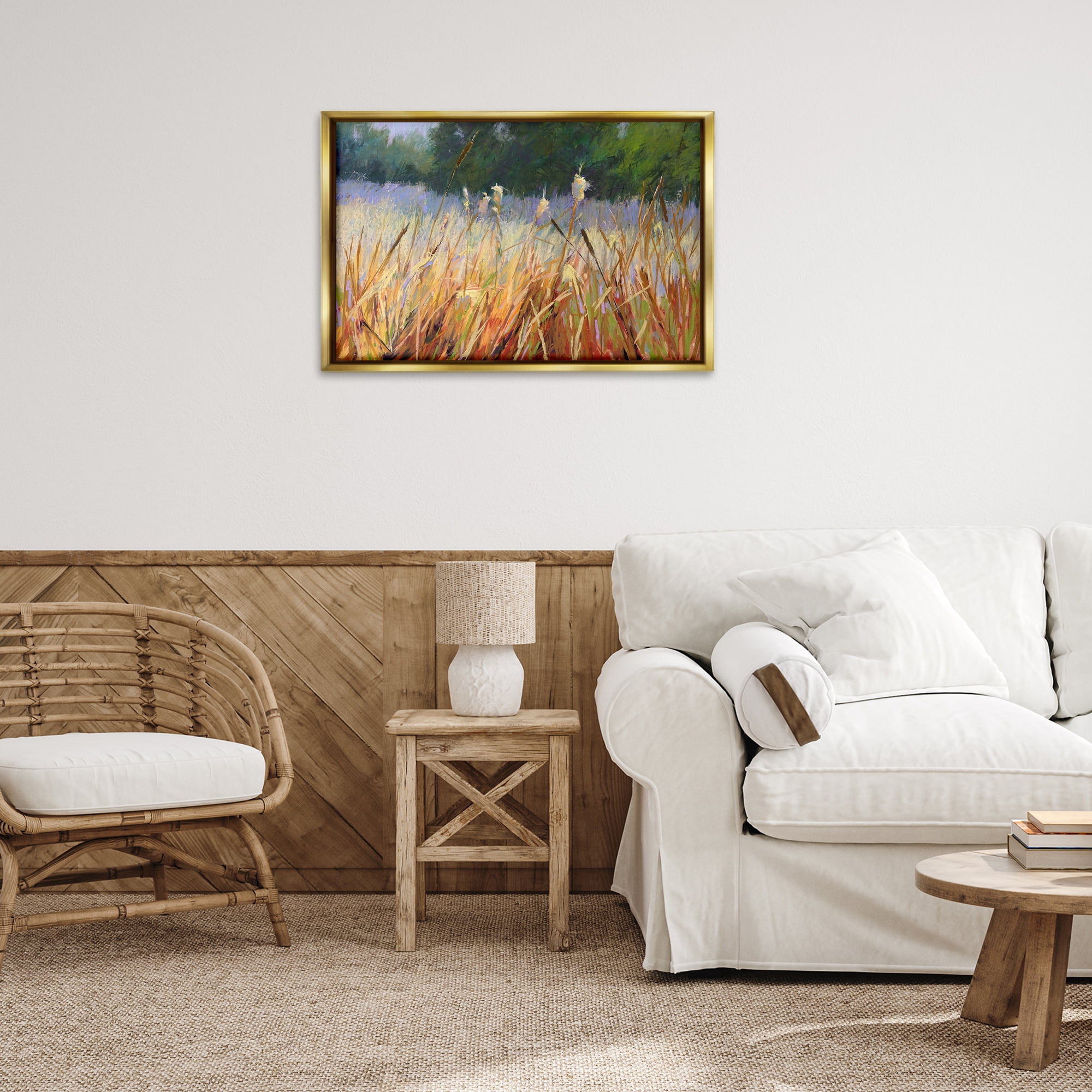 Stupell Industries Country Summer Reeds Landscape & Nature Painting Gold Floater Framed Canvas Art Print Wall Art, 31 x 21