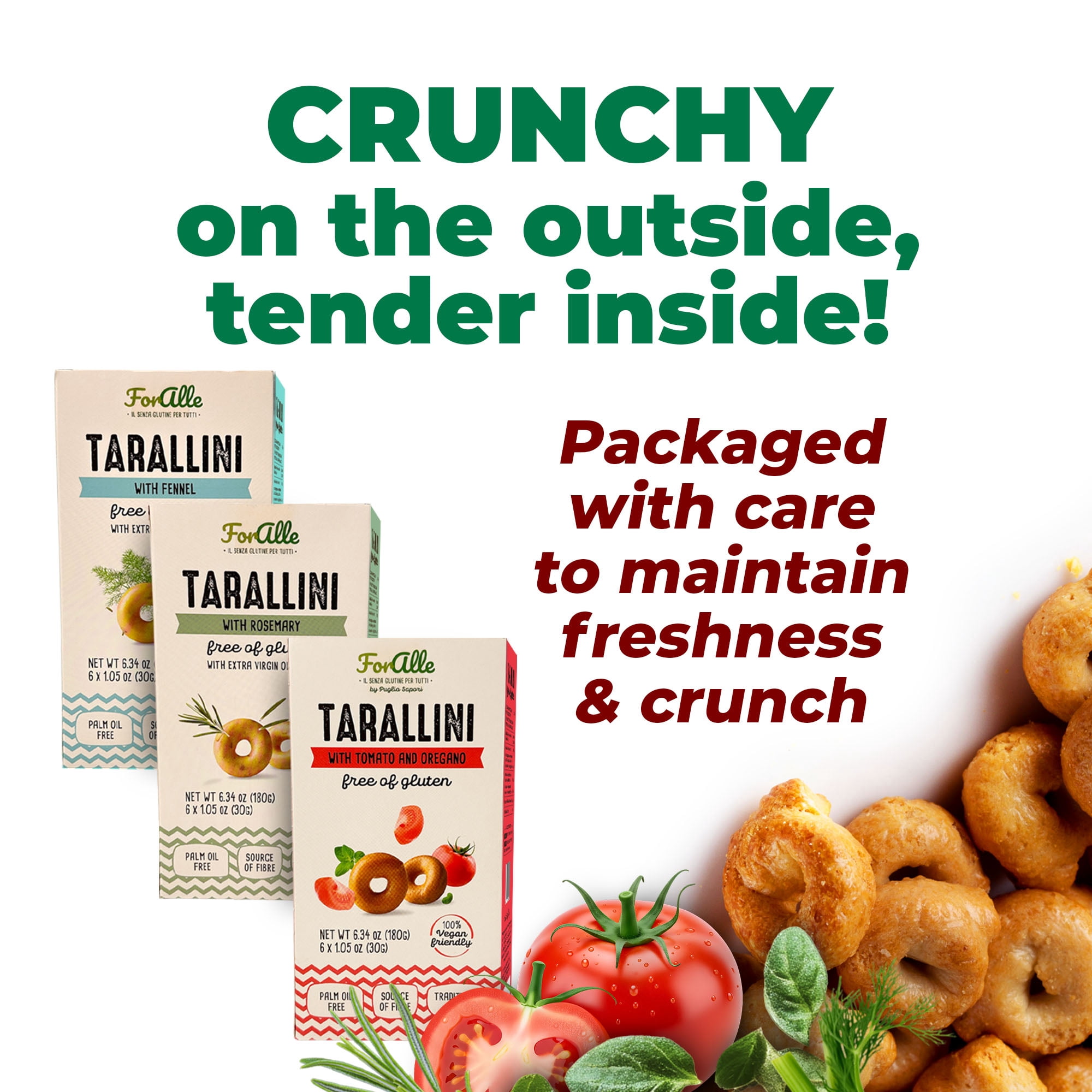 For Alle Gluten-Free Tarallini Bundle, Set of 3 – Traditional Italian Pugliese Snack with Fennel, Rosemary, Tomato and Oregano. Oven-Baked. Vegan. Cholesterol-Free.