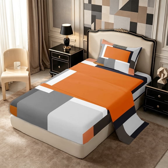 Castle Fairy Mid Century Geometric Panel Twin Sheets 3pcs,Minimalism Color Block Bedding,Terracotta Gray Black,1 Flat Sheet, 1 Fitted Sheet and 1 Pillowcase