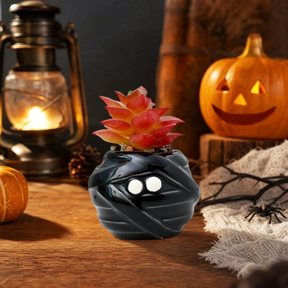 Eliaeconx Mummy Flower Pot, Halloween Themed Ceramic Planter With Wrapped Face Design, Cute European Style Plants Pot For Desk Shelf Indoor