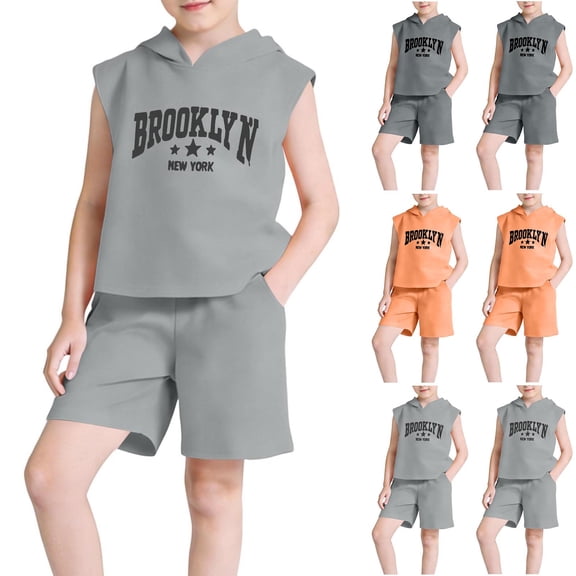 Rvasteizo Toddler Summer Outfits Letter Print Sleeveless Hooded Top and Shorts Trendy Cool Sport 2 Piece Set for Boys Girls 4-14 Years