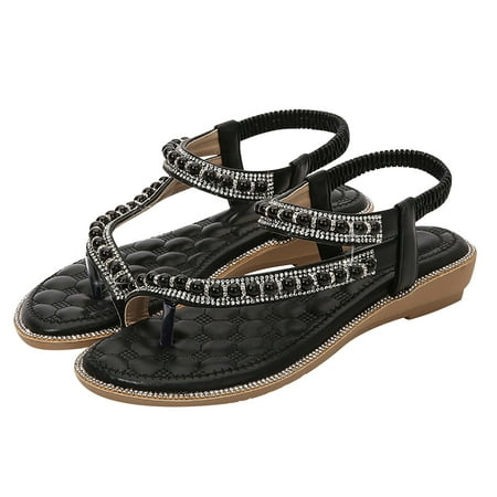 

Dpityserensio Womens Summer Sandals Casual Round Head Comfy Sandals Rhinestone Beach Casual Shoes Black 8.5(41)