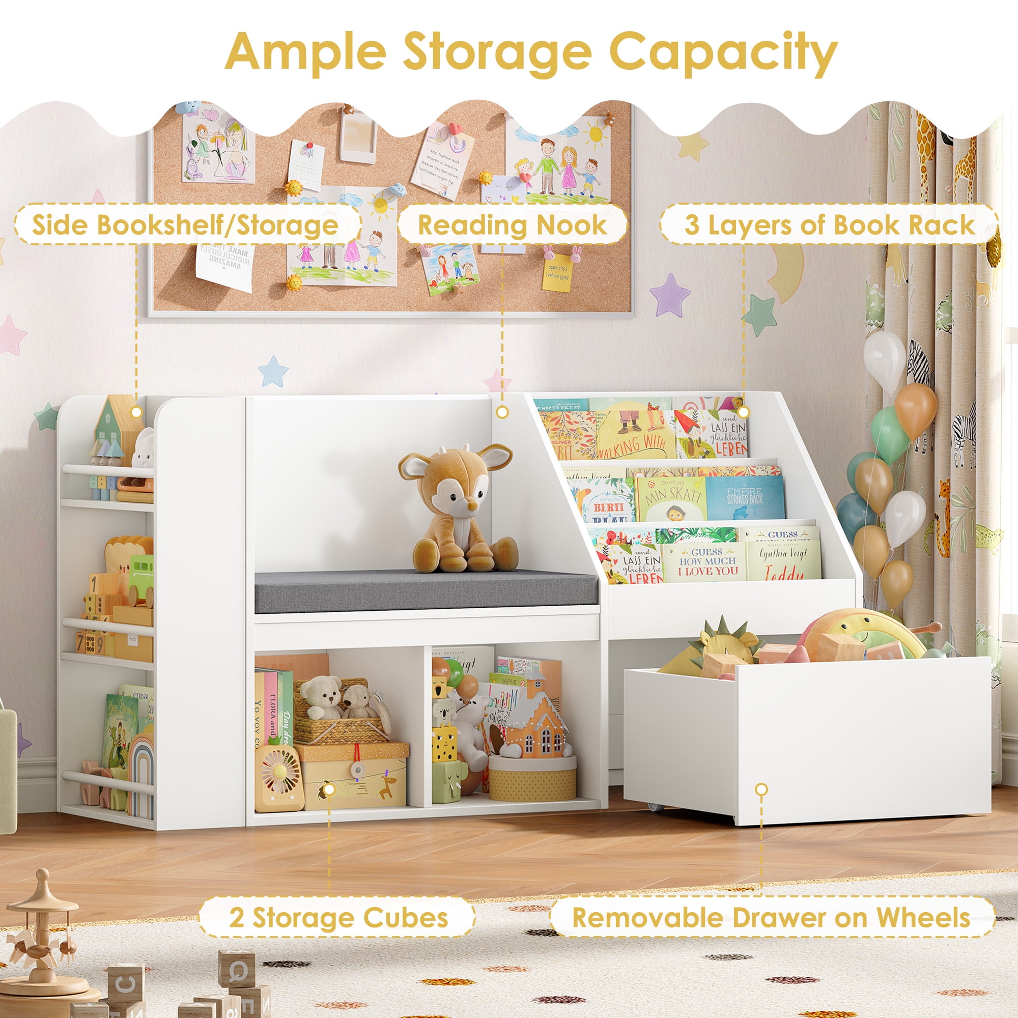 Hiphuta 49"W Kids Bookcase with Reading Nook & Side Storage, Toy Storage Organizer with Book Rack & Drawer for Kids Room