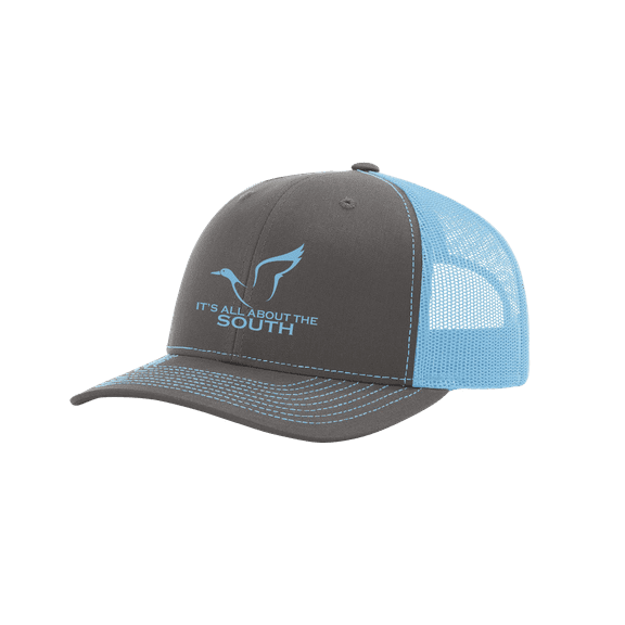 It's All About The South Mallard Outline Mesh Back Trucker Hat-Charcoal/Columbia Blue