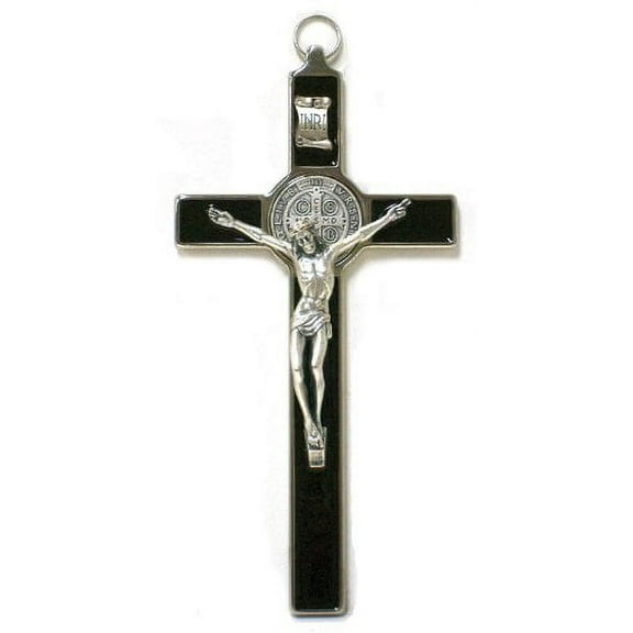 Saint Benedict Crucifix - All Metal with Inlaid Enamel and Silver Color Corpus - 8'' in Height - MADE IN ITALY, Black