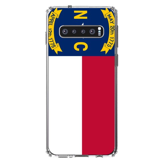 DistinctInk Clear Shockproof Hybrid Case for Samsung Galaxy S10  PLUS(6.4" Screen) - TPU Bumper, Acrylic Back, Tempered Glass Screen Protector - North Carolina State Flag - US State Flag
