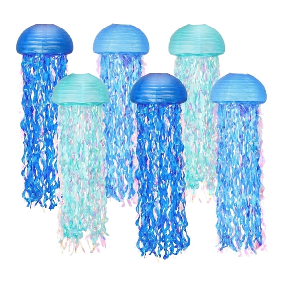 10 Inch Blue Hanging Jellyfish Paper Lanterns Set of 6, Under the Sea Mermaid Birthday Party Decor, Ocean Theme Shower Nautical Classroom Beach Room Decor