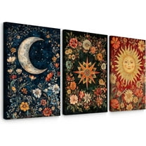 Moon Sun Star Celestial Wall Art Tarot Card Vintage Poster Decor Gothic Witchy Aesthetic Canvas Wall Art Flower Mystical Astrology Painting Dark Academia Poster for Bedroom