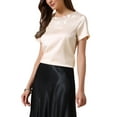 thumbnail image 4 of Summer Silk Satin Tops for Women Dressy Casual Short Sleeve Floral Lace Blouse Elegant Work Shirts M Champagne, 4 of 6