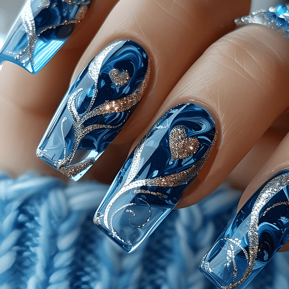 24pcs Gold Glitters Heart Blue Square on Nails Full Covers Manicure Nails Accesories for Daily Use