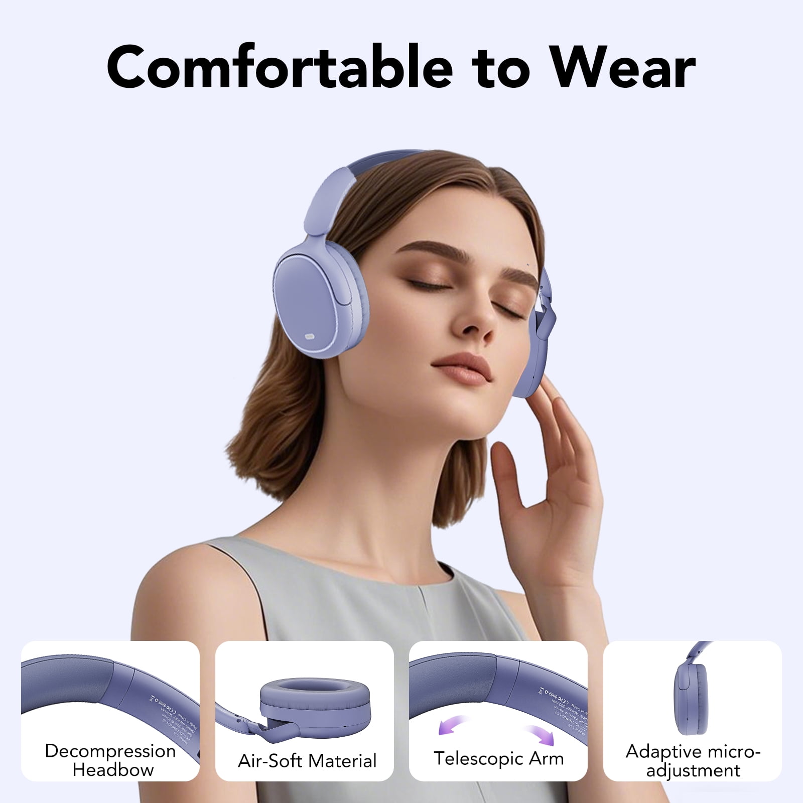 Hybrid Active Noise Cancelling -45dB, Bluetooth Headphones 5.4, 50H Playtime Earbuds, Clear Call with 4 Mics, Bass Boosted by 90%, Comfort Fit Over Ear Headphones for Travel Home Office PC Purple