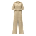 thumbnail image 5 of Feancey Vacation Outfits for Women 2 Piece Set Linen Short Sleeve Laplel V Neck Top and Elastic Waist Pant Lounge Sets Solid Color Loose Travel Outfit with Pockets Beige 3XL, 5 of 9
