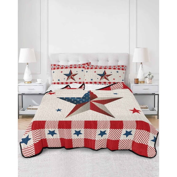 Quilts King Size, 4th of July Country Star Soft Comforter Bedding Set for Bed, Independence Day Patriotic Red Checkered Lightweight Quilted Bedspread with Pillow Cover(2 Pieces), 96x106 Inch
