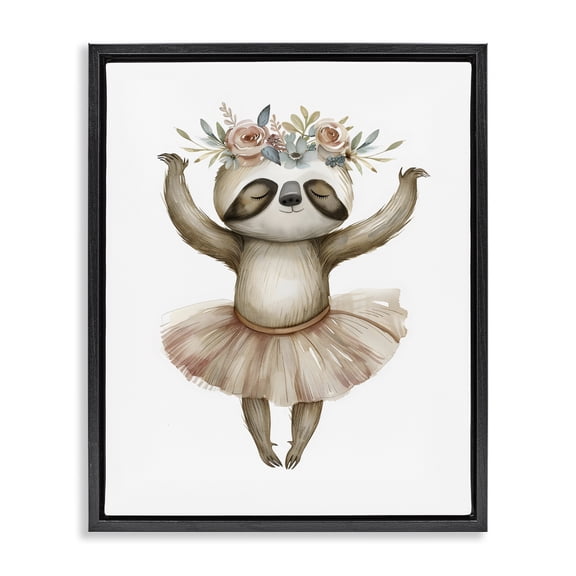 Stupell Industries Contemporary Dreamy Sloth Ballet with Flowers Black Floating Frame Canvas Art, 17 x 21, by LSR Design Studio