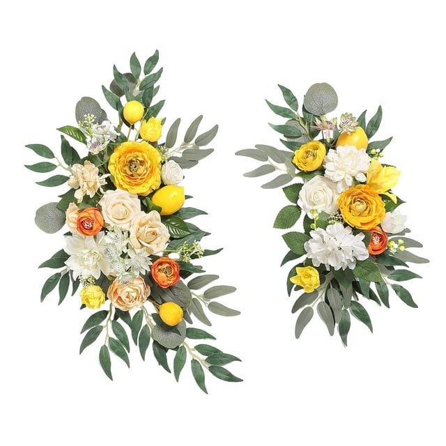 2 piezas de corona de arco de boda, telón de fondo Floral, flores de seda hechas a mano, botín de flores artificiales para puerta de granja, pared de Amarillo