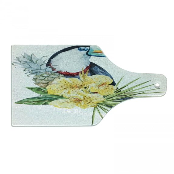 Tropical Animals Cutting Board, Toucan Bird Exotic Hibiscus and Orchids Flower Palm Plants Leaf Print, Decorative Tempered Glass Cutting and Serving Board, Wine Bottle Shape, Multicolor, by Ambesonne