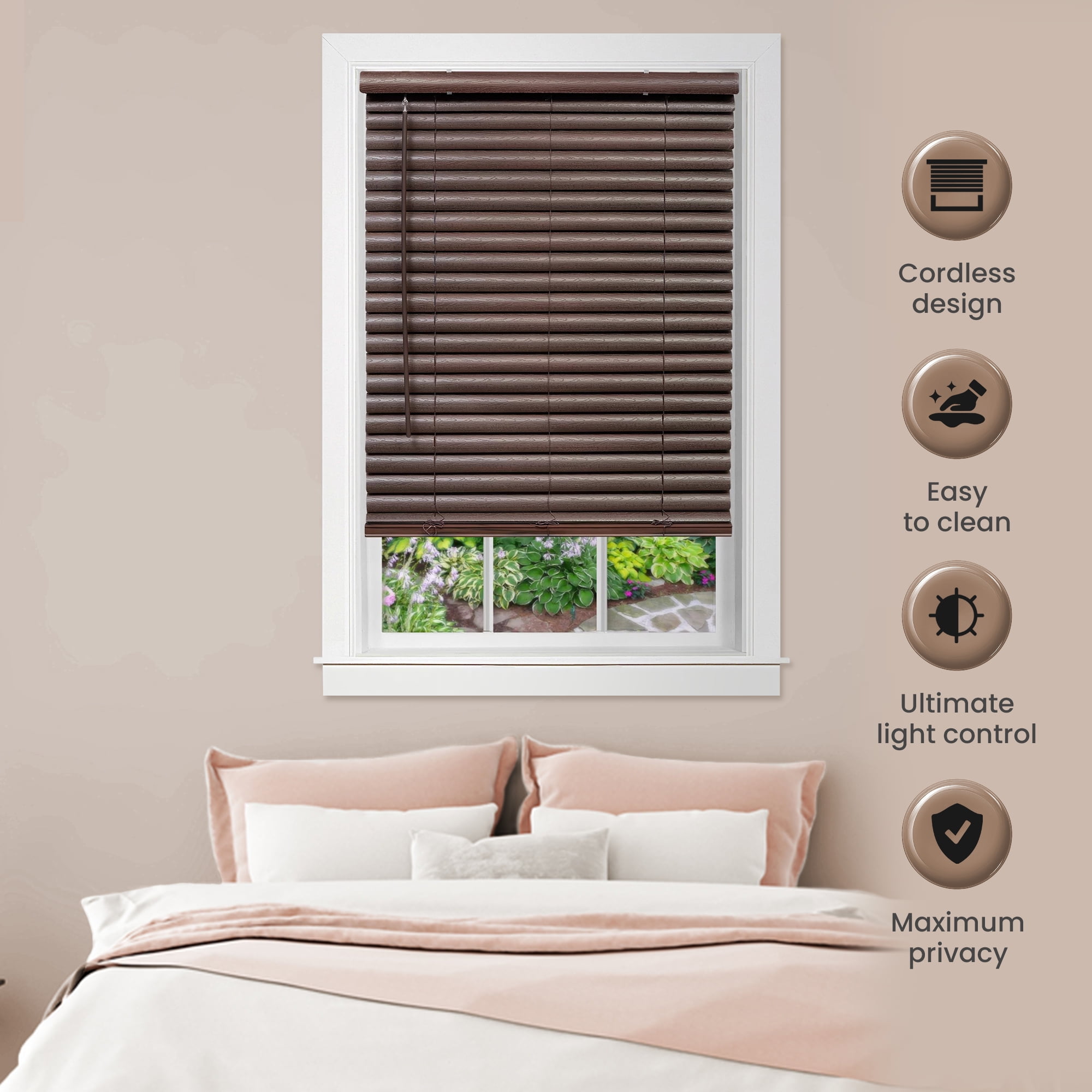 PowerSellerUSA Cordless Window Blinds, 2" Slats Vinyl Mini Blind, Premium Embossed Woodgrain, Anti-UV Window Treatment, Mahogany, 30" Width x 64" Length, (Fits windows 23" - 64")