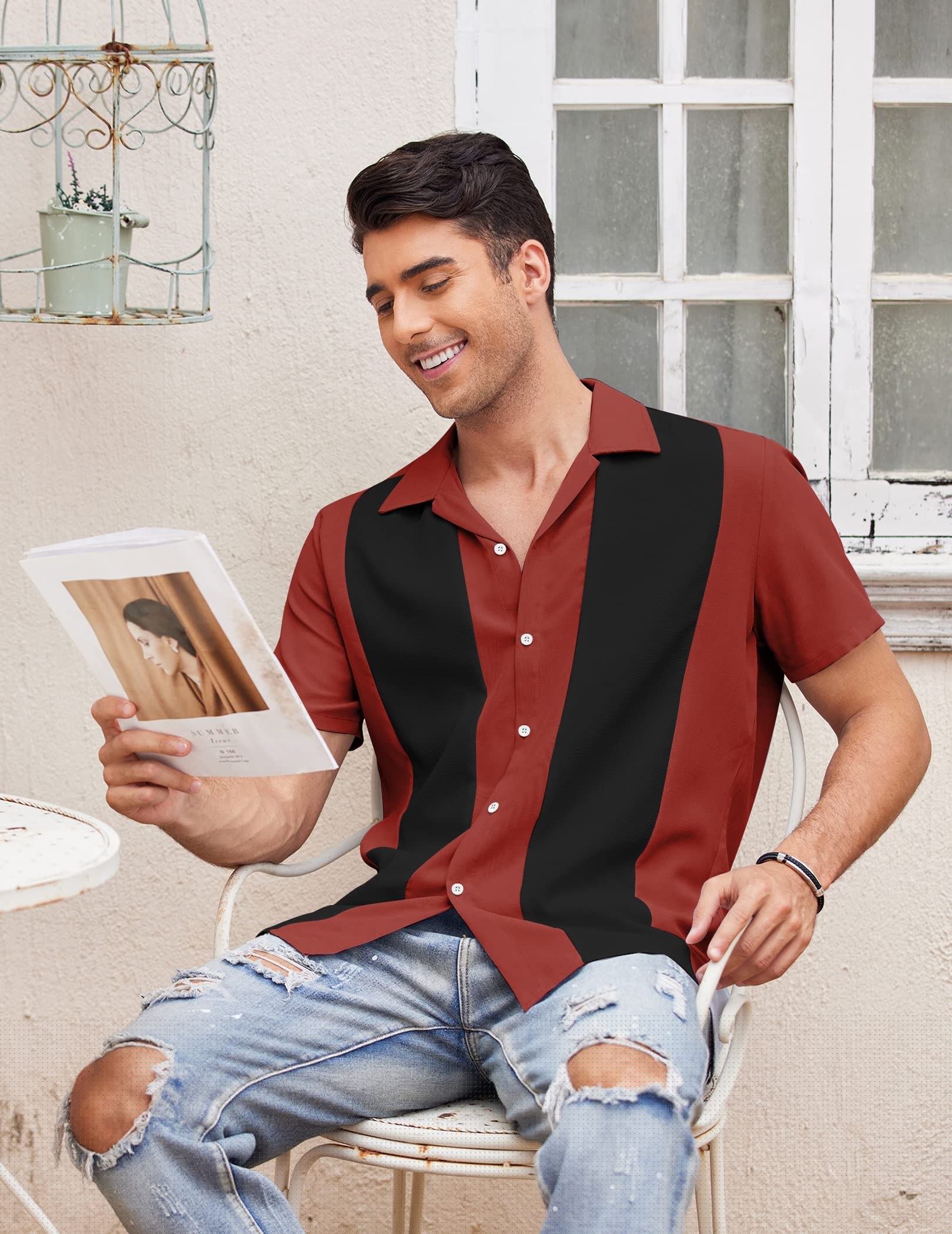 thumbnail image 3 of COOFANDY Men's Retro 50S Bowling Shirts Casual Button Down Short Sleeve Hawaiian Shirts, 3 of 6