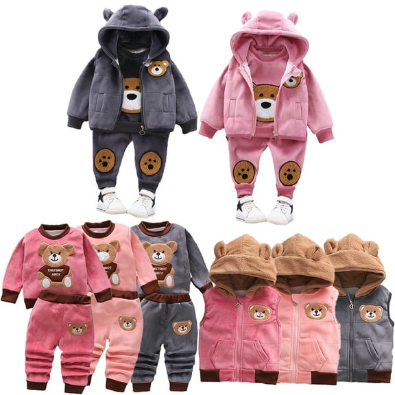 Godderr Toddler Baby Boys Girl 3Pcs Winter Tracksuits Fleece Clothes Set Kids Winter Thicken Sweatshirt Hooded Fleece Vest warm Fleece Pants Outfits for 1-5Y