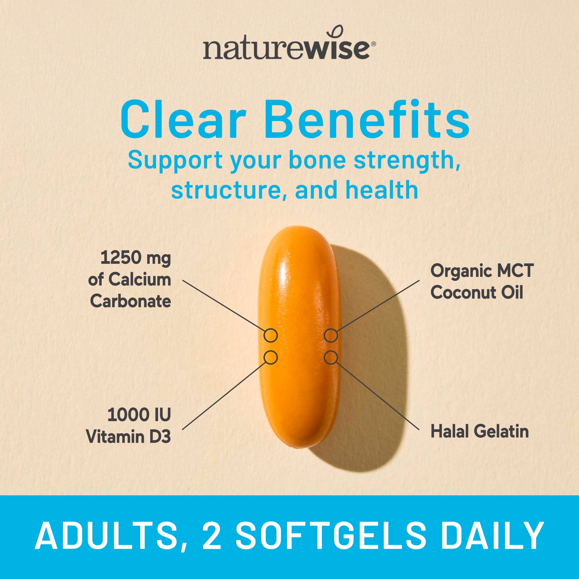 NatureWise Calcium 1250mg + D3 1000IU + Organic MCT Oil - 200 Softgels[100-Day Supply]