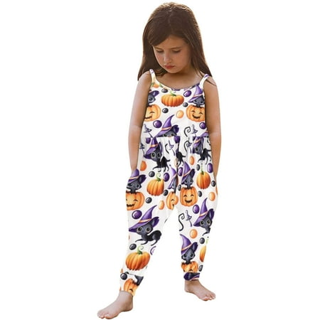 

TMOYZQ Toddler Baby Girls One Piece Sling Jumpsuit Outfit Summer Cute Sleeveless Bodysuit Casual Soft Halloween Pumpkin Print Romper Loose High-Waisted Pants with Pockets Gifts for Your Kids