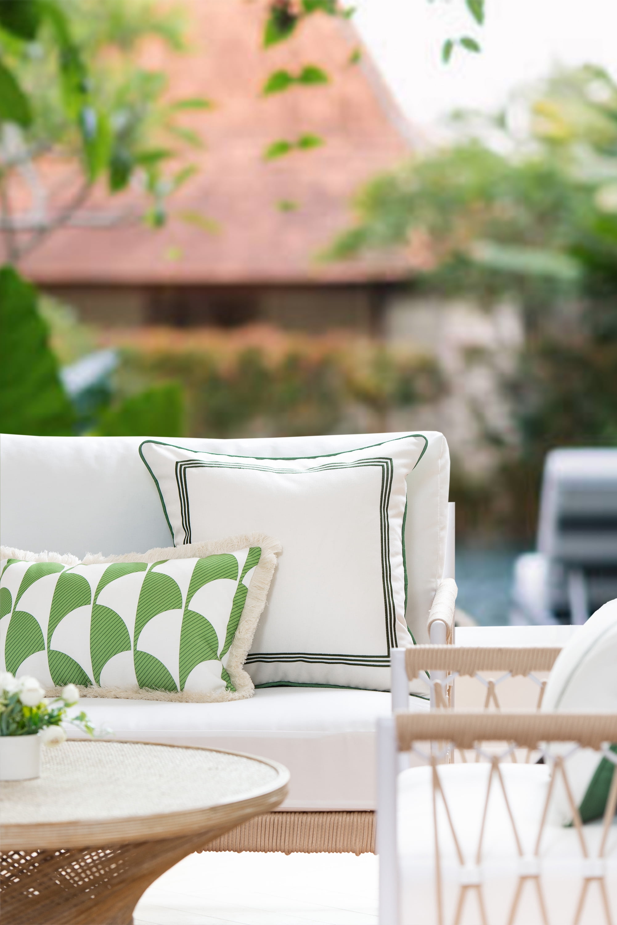 Hofdeco Premium Coastal Patio Indoor Outdoor Pillow Cover Only, 20"x20" Water Resistant for Backyard, Couch, Green Embroidered Square Line