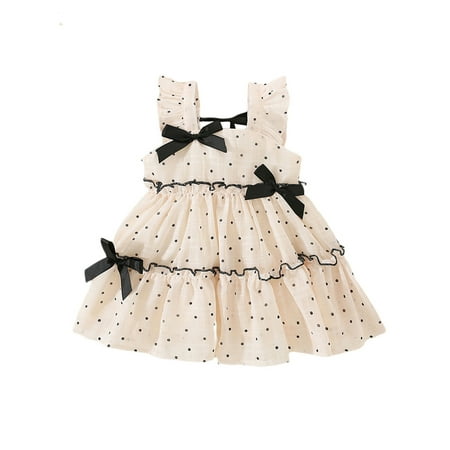 

One opening Toddler Baby Girls Summer Dresses Sleeveless Bow Front Dots Print Tiered Tank Dresses