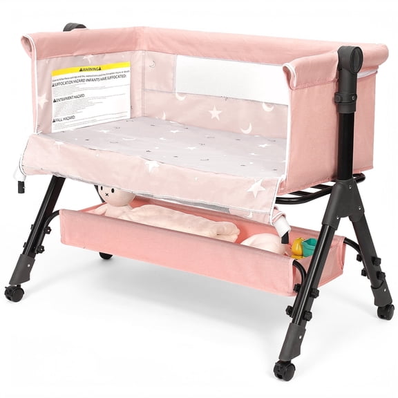Infant Bassinet Crib,Single-sided Detachable 3 Adjustable-Height Bedside Beds Foldable Baby Crib,for 0-18 Months-Pink