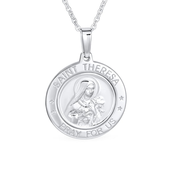 Bling Jewelry Womens Large Patron of Missions Saint Theresa Pendant Necklace in Sterling Silver
